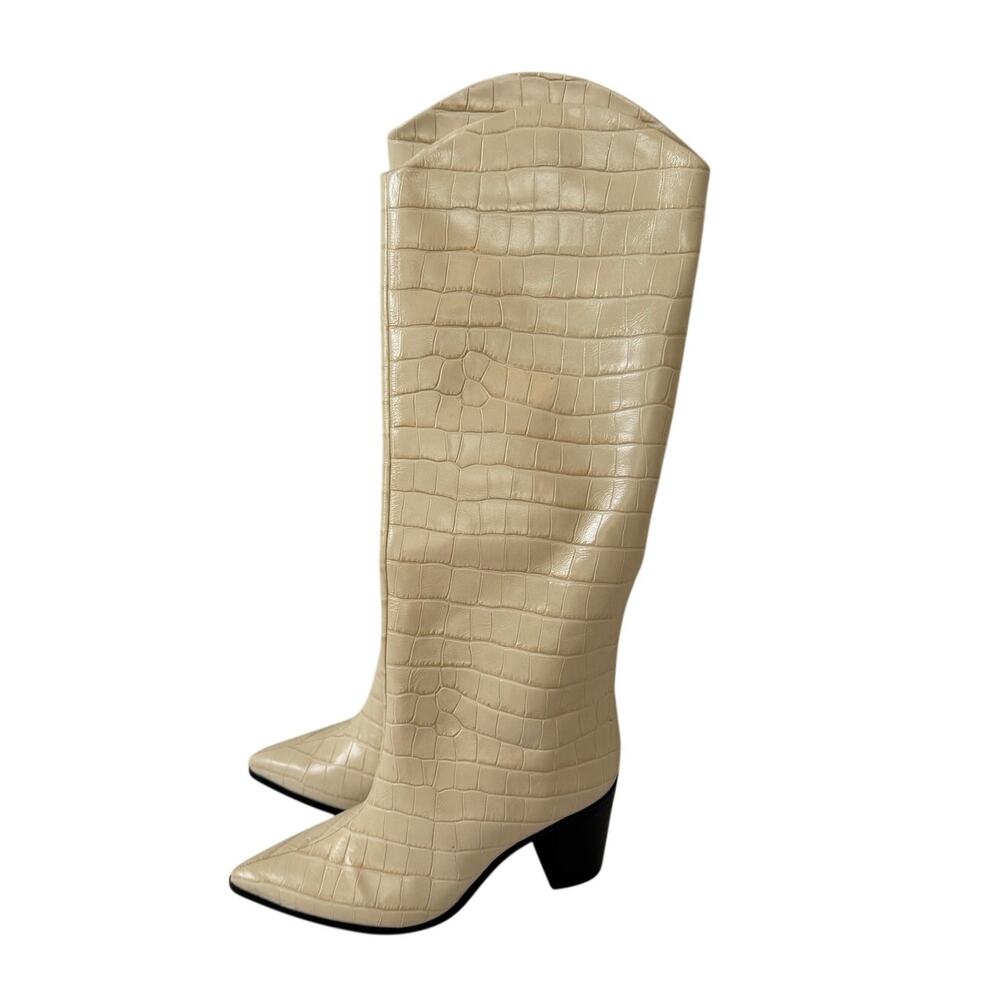 NWOT Women's Schutz Maryana Block Leather Wide Egg Shell Croc Embossed Boot 8.5